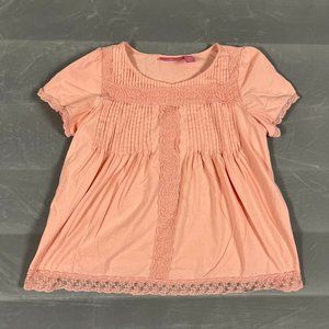 Woman Within Shirt Women's Medium Pink Short Sleeve Lace Trim Round Neck